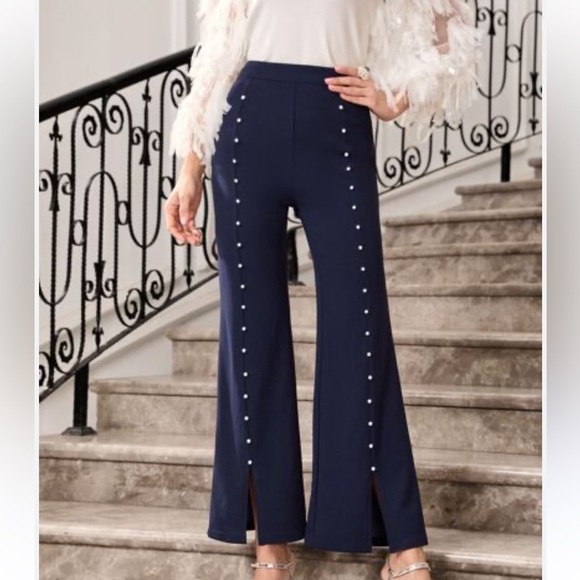 SHEIN Modely Pearls Beaded Split Hem Navy Flare Leg Pants Women’s Large 8/10 - Picture 1 of 14